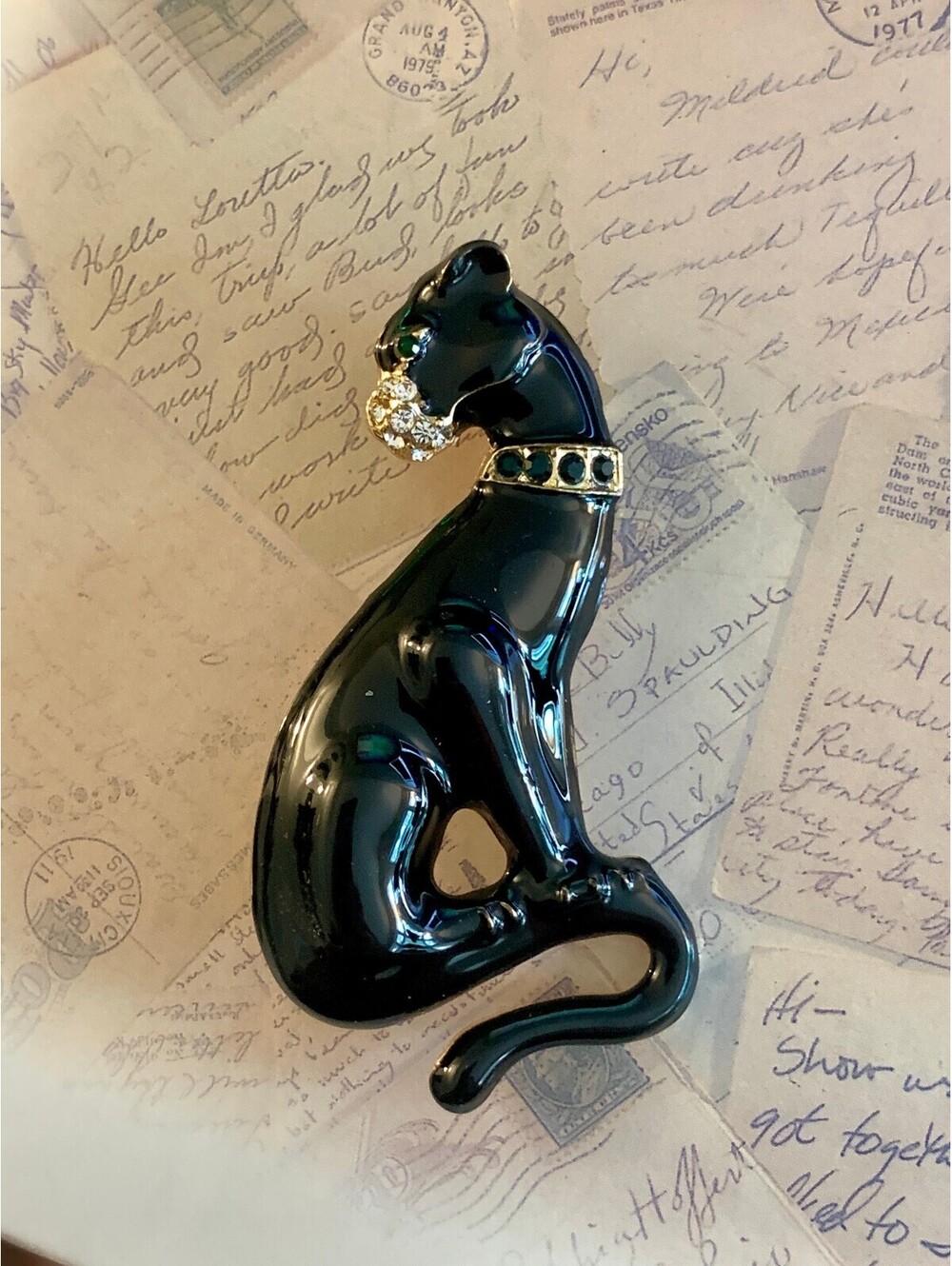 Black Enamel Seated Panther Brooch Rhinestone Collar Big Cat Cheetah Pin